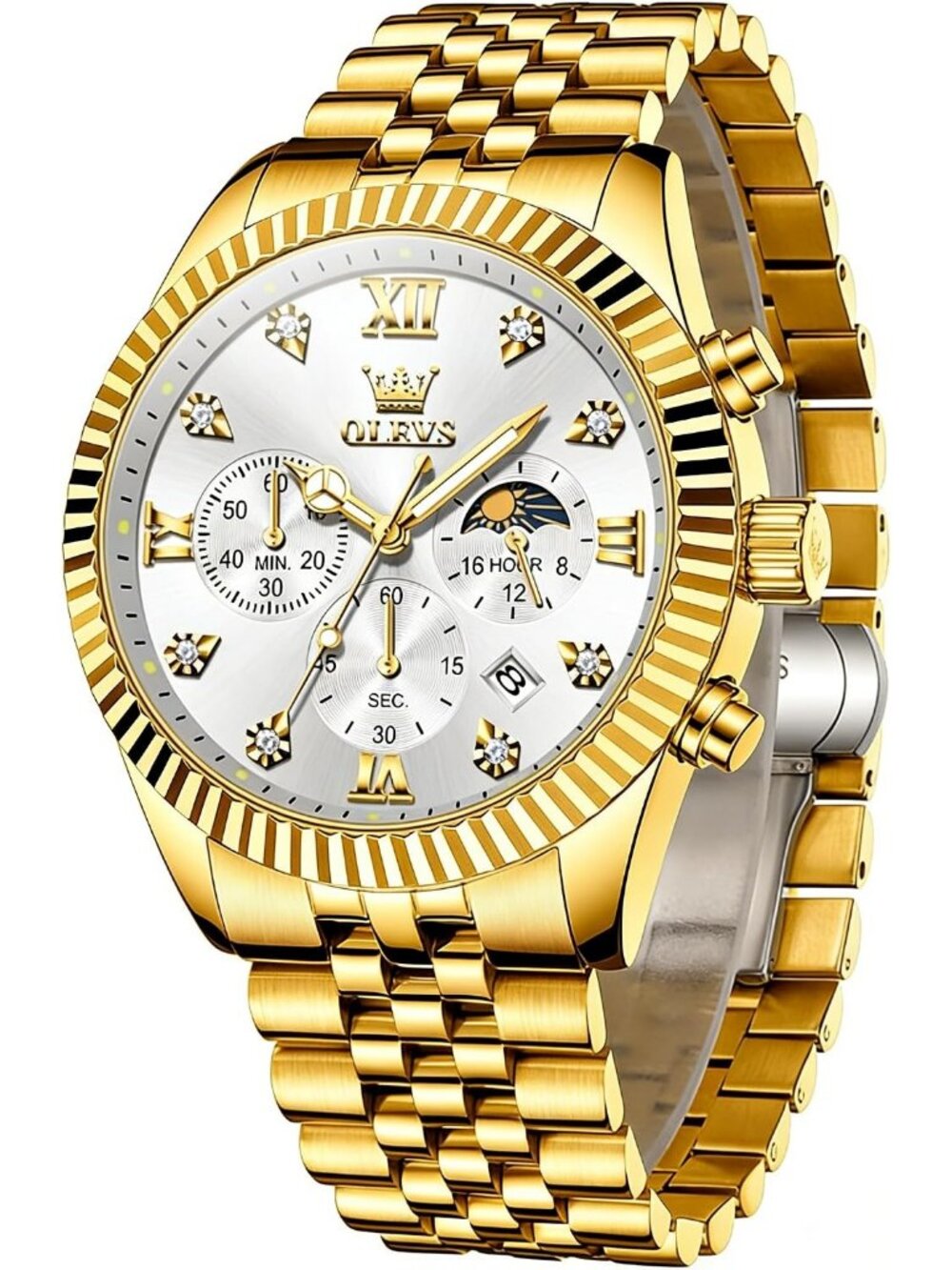OLEVS Men's All Gold White Luxury Gold Stainless Steel Big Face Waterproof Watch